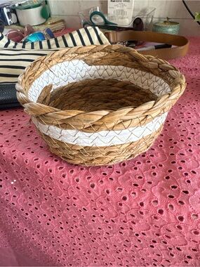 Woven Natural Seagrass Basket with White Stripe - Home Accents